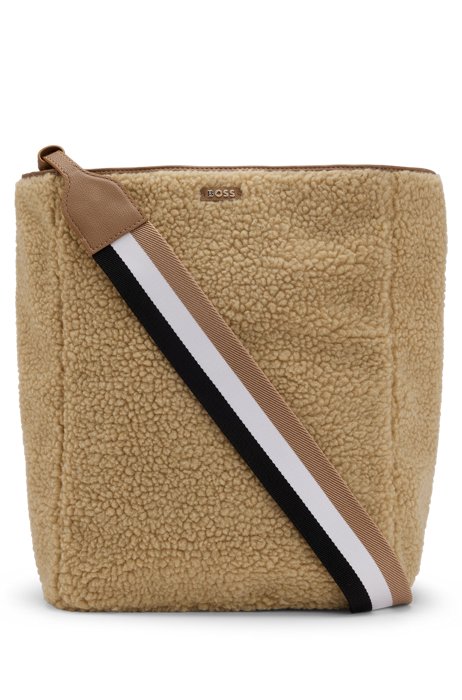 Faux-leather shoulder bag with teddy outer, Beige