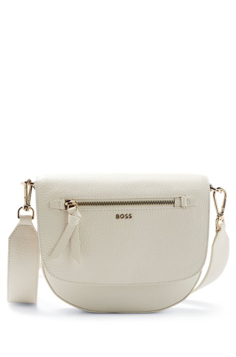 Crossbody bag in grained leather with chain strap, White