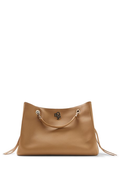 Tote bag in grained leather with shaken logo, Beige