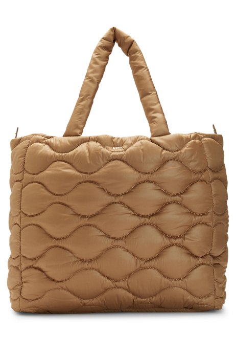 Quilted shopper bag with logo detail, Beige