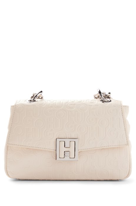 Crossbody bag in embossed faux leather with logo plaque, White
