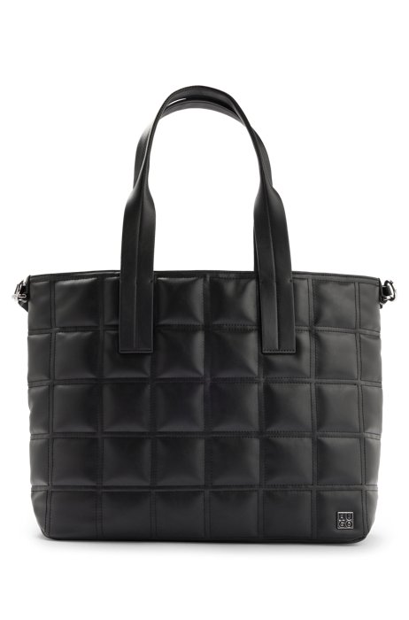 Faux-leather quilted tote bag with metal logo trim, Black