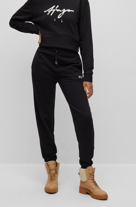 Cuffed cotton-terry tracksuit bottoms with logo embroidery, Black