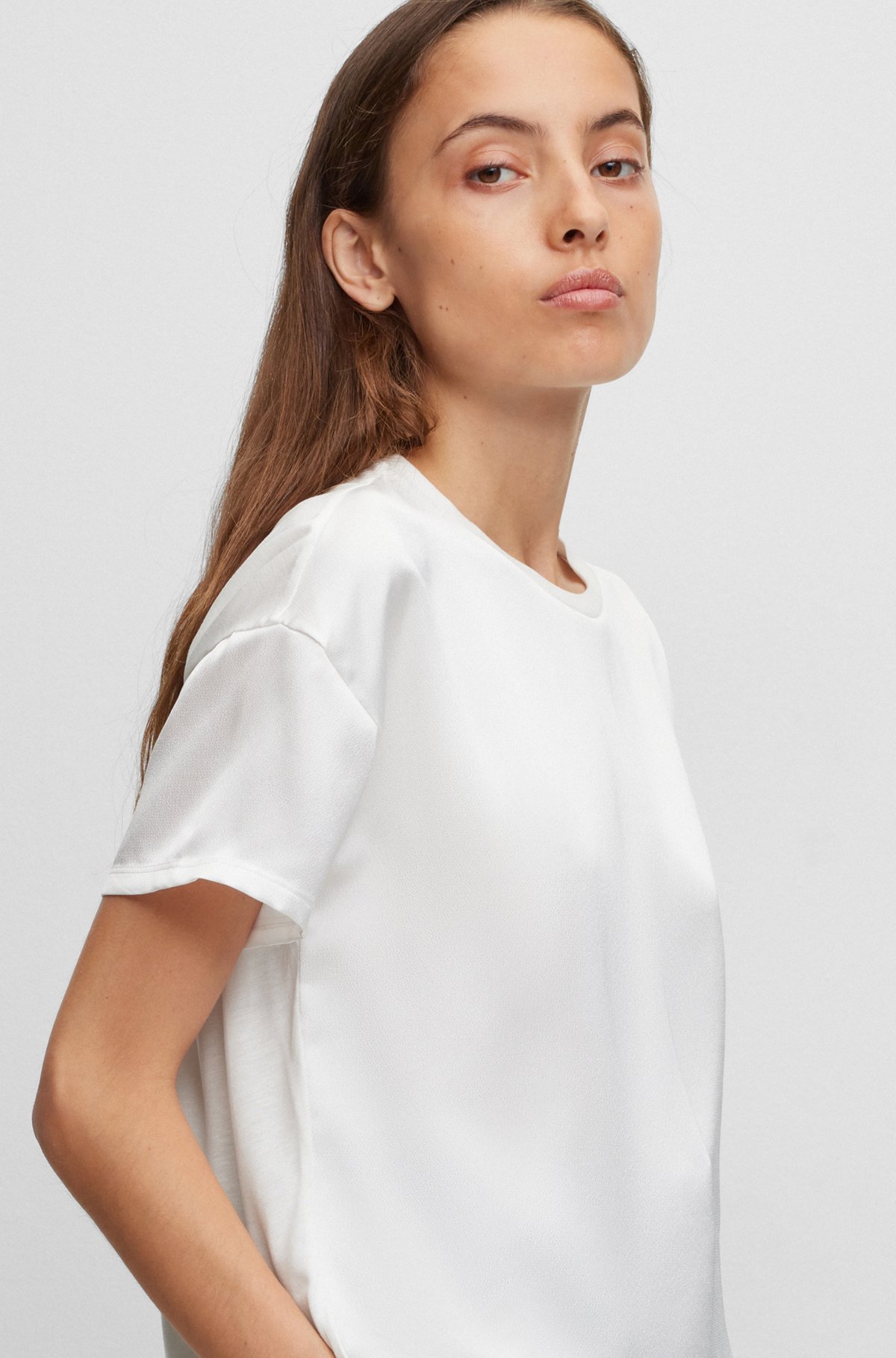 Crew-neck top in mixed materials, White