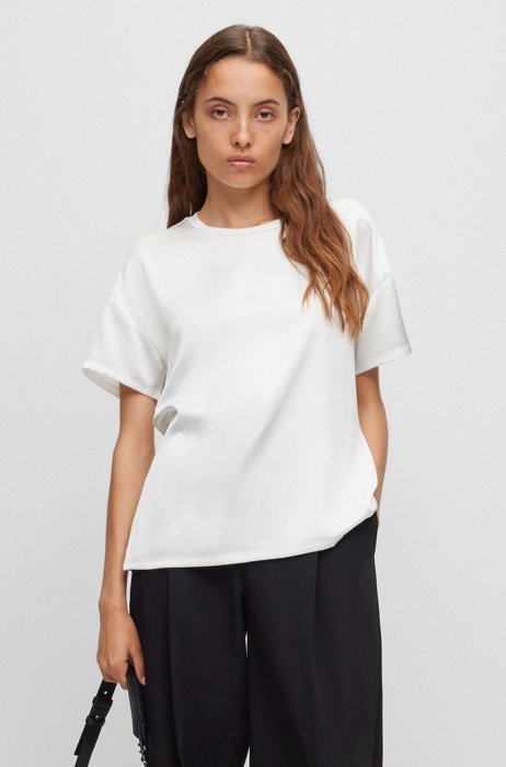 Crew-neck top in mixed materials, White