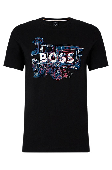 BOSS 博斯手绘艺术图案装饰平纹针织棉质 T 恤,  001_Black