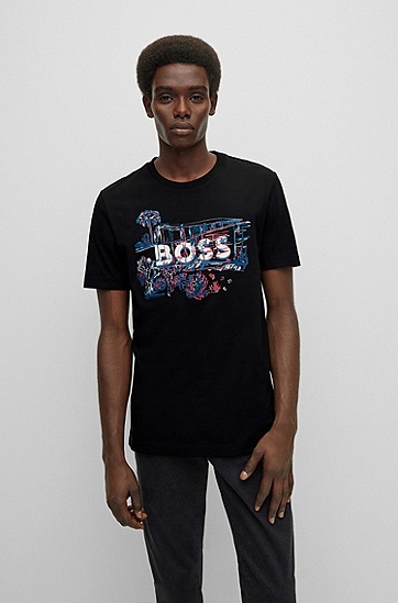 BOSS 博斯手绘艺术图案装饰平纹针织棉质 T 恤,  001_Black