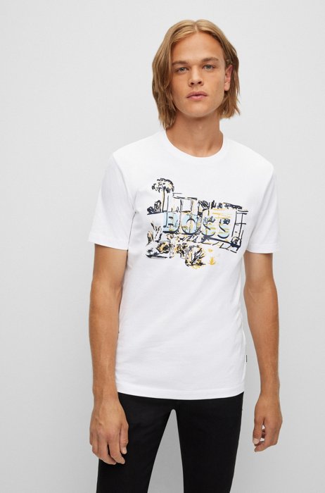 Cotton-jersey T-shirt with hand-drawn artwork, White