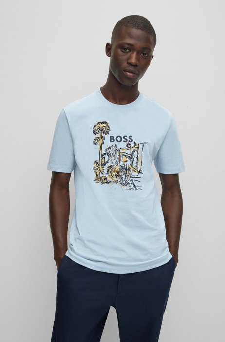 Cotton-jersey T-shirt with hand-drawn artwork, Light Blue