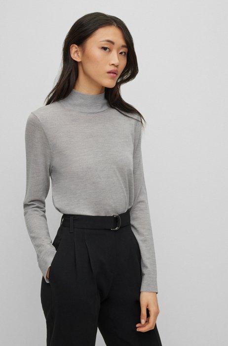 Virgin-wool regular-fit sweater with mock neck, Light Grey
