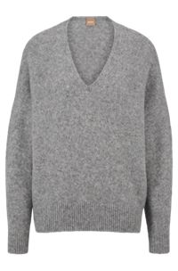 Relaxed-Fit Pullover mit V-Ausschnitt und Alpaka- und Woll-Anteil, Grau