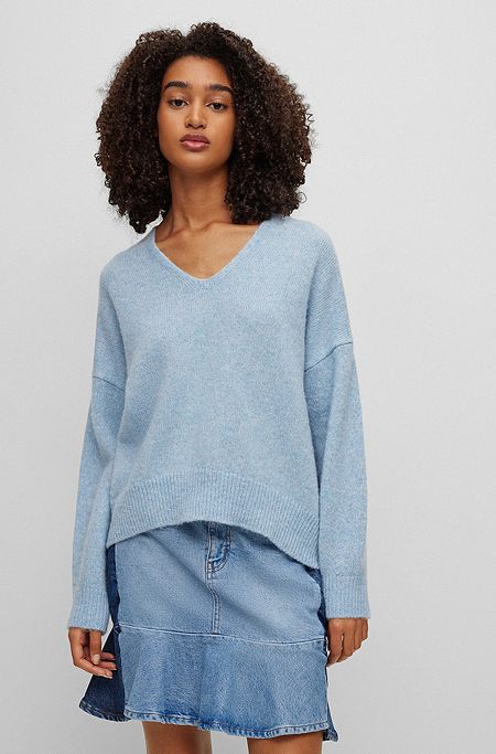 Relaxed-fit V-neck sweater with alpaca and wool, Light Blue