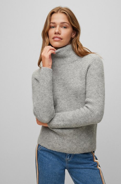 Regular-fit sweater with funnel neck and polished logo, Light Grey
