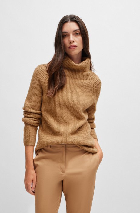 Regular-fit sweater with funnel neck and polished logo, Beige