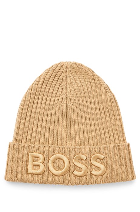 Ribbed beanie hat in virgin wool with embroidered logo, Beige