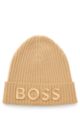 Ribbed beanie hat in virgin wool with embroidered logo, Beige