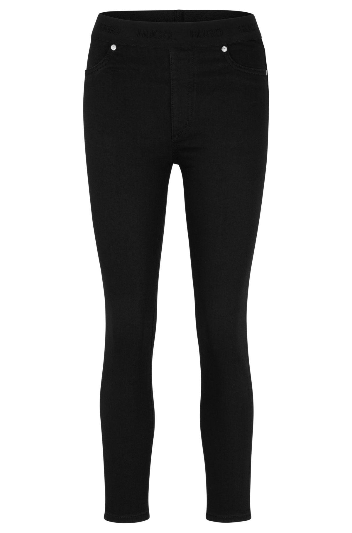 HUGO - Extra-slim-fit jeggings in black denim with logo waistband