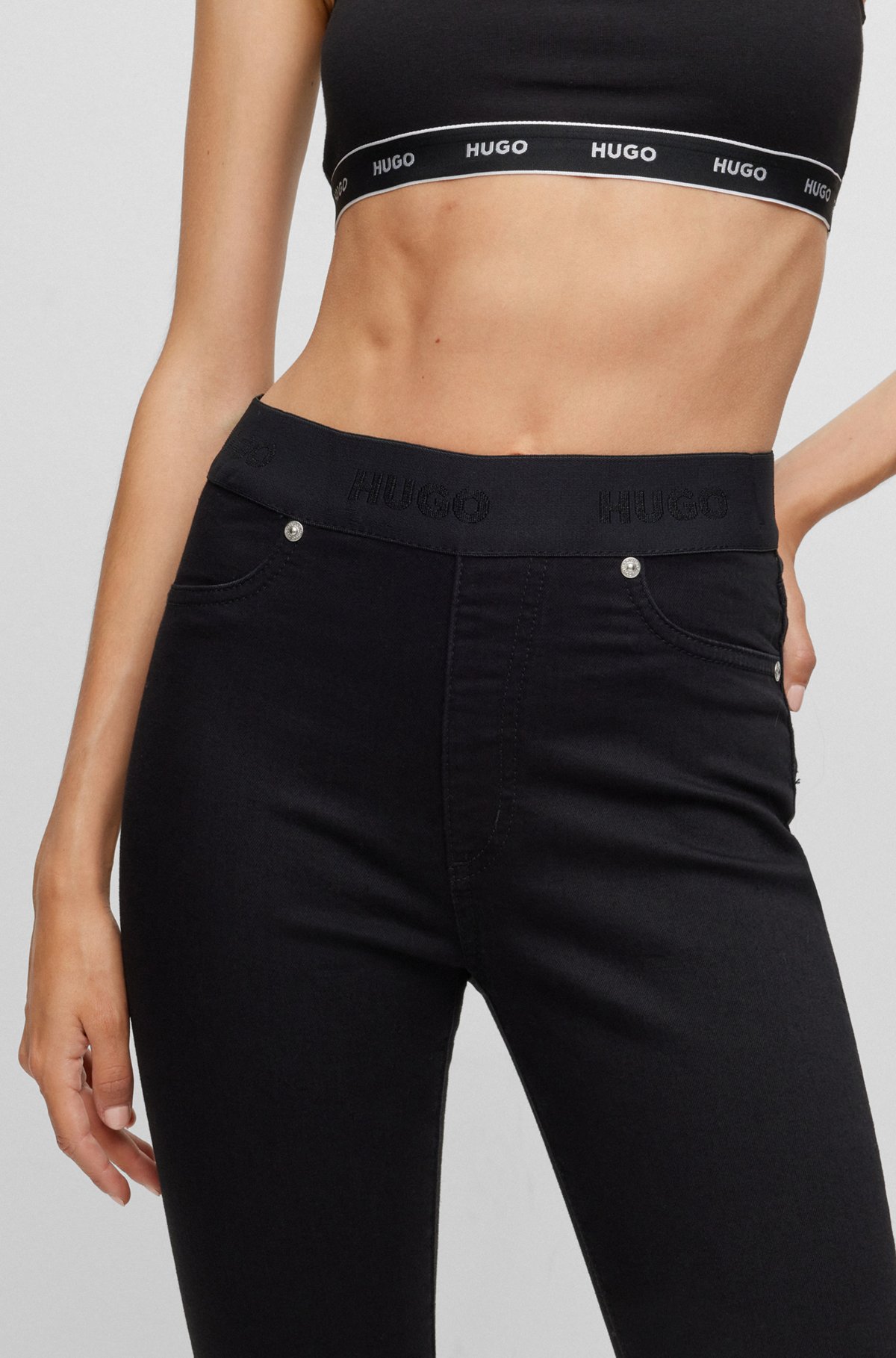 Extra-slim-fit jeggings in black denim with logo waistband, Black