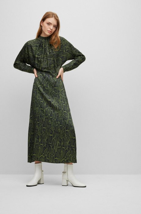 Belted long-sleeved dress with python print, Green Patterned