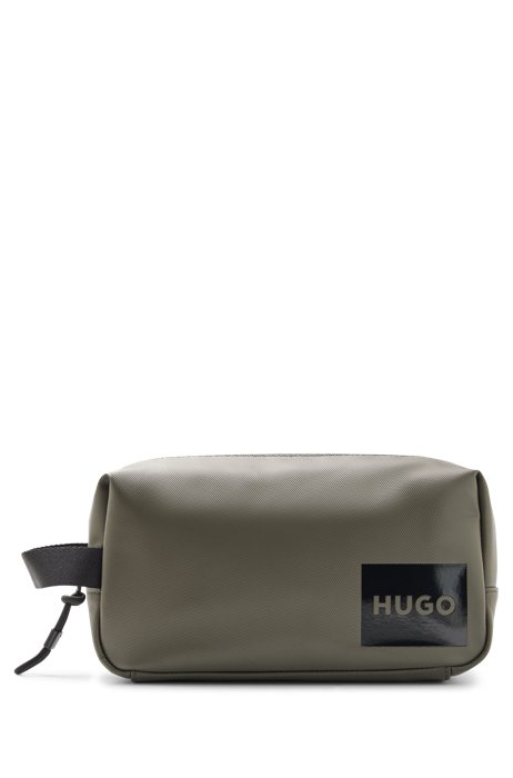 Coated-fabric washbag with logo patch, Dark Green