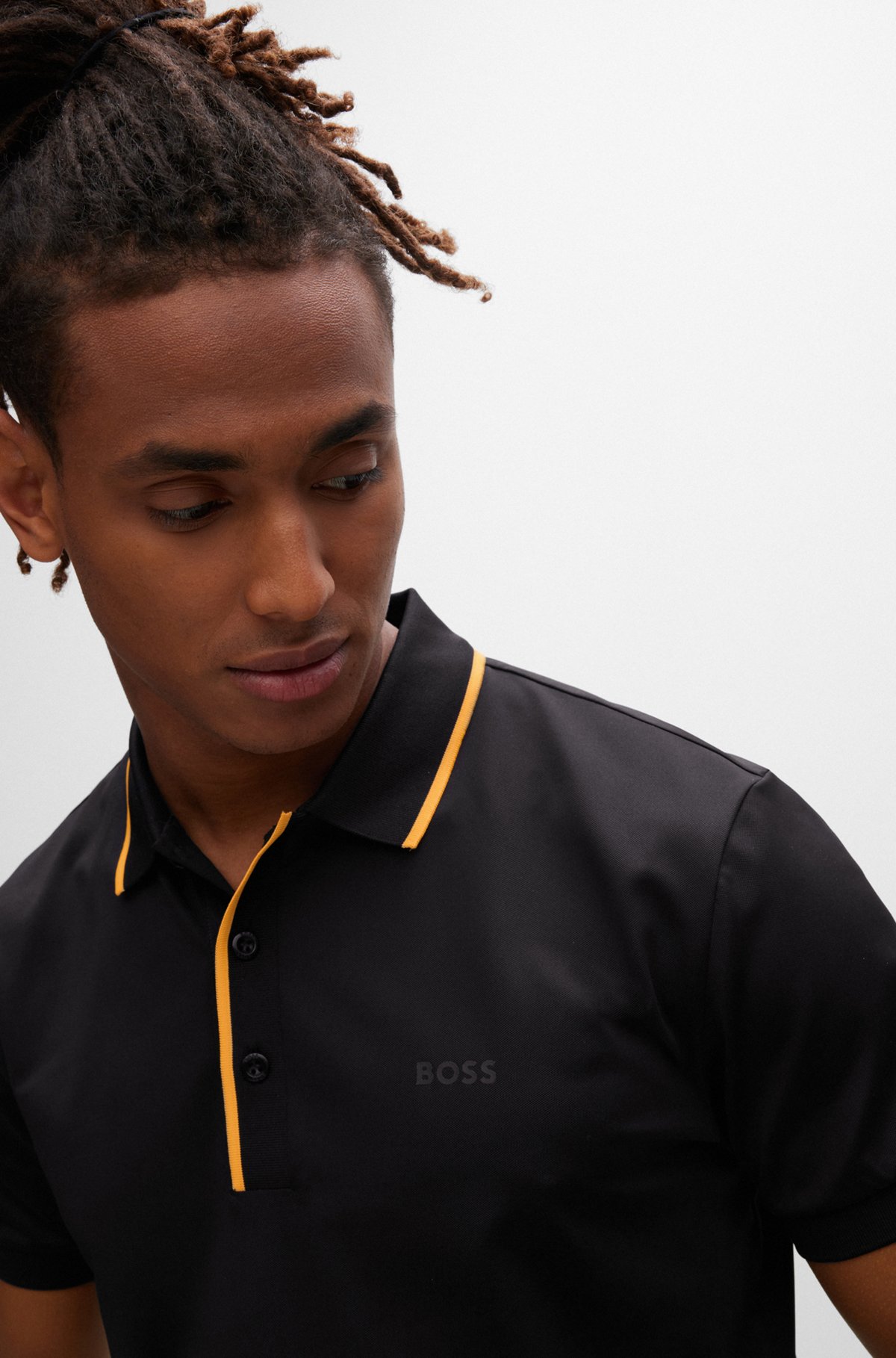 Performance-stretch polo shirt with glow detail, Black