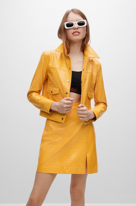 Regular-fit jacket in snakeskin-structured faux leather, Light Orange