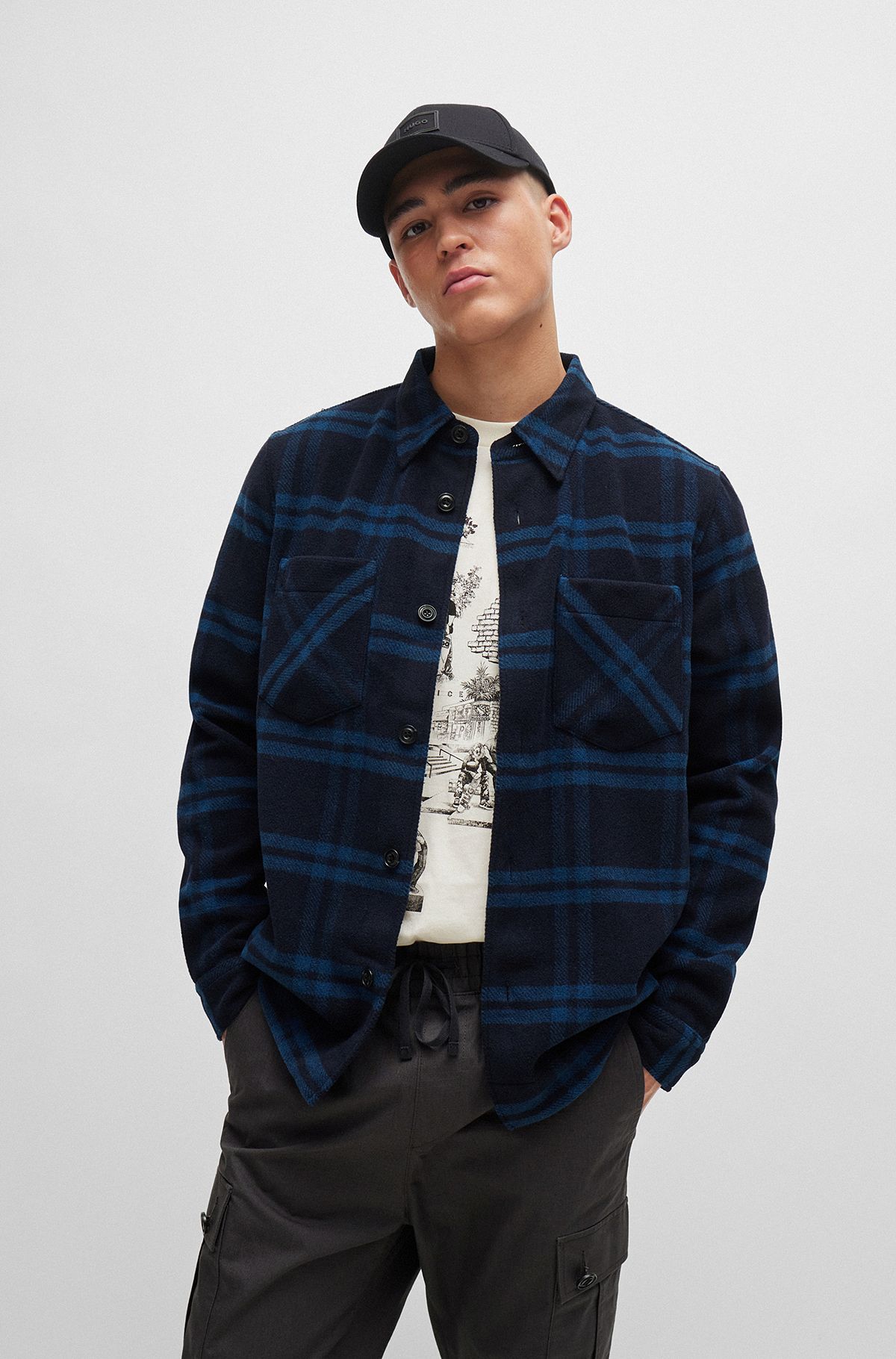 Oversized-fit overshirt in checked brushed fabric, Dark Blue