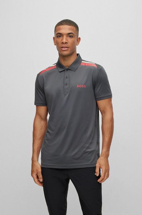 Active-stretch polo shirt with stripe print, Dark Grey