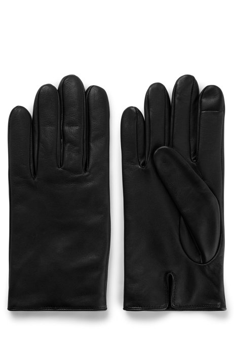Touchscreenvriendelijke handschoenen van nappaleer met gelaserd logo, Zwart