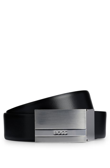 Reversible leather belt with plaque buckle, Black