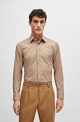 Monogram-print slim-fit shirt in stretch-cotton poplin, Beige