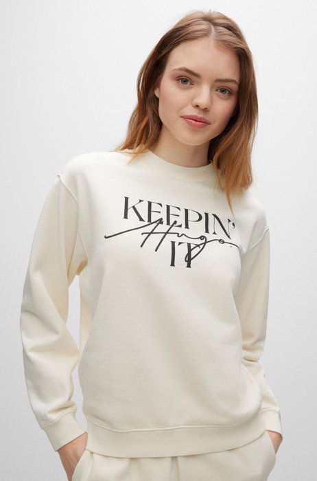 Relaxed-fit sweatshirt in French terry with branded slogan, White