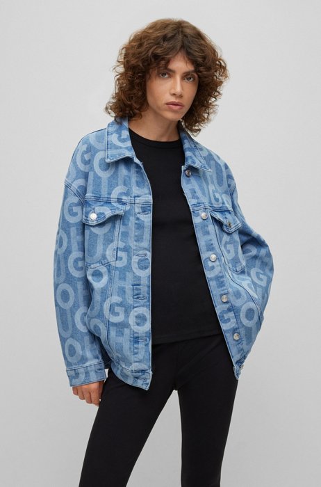 Oversized-fit denim jacket with all-over logo print, Blue