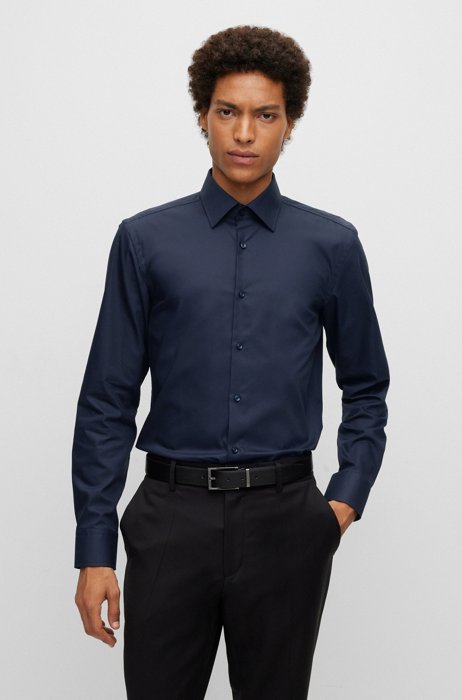 Slim-fit overhemd van gemakkelijk te strijken katoenen popeline, Donkerblauw