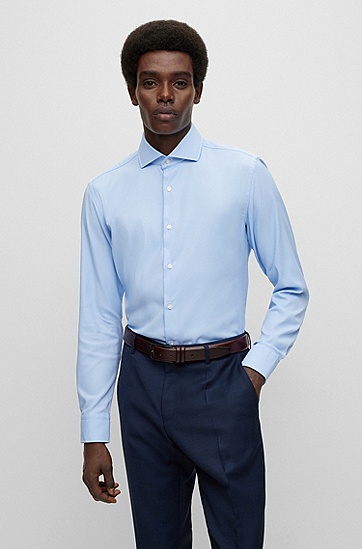 BOSS 博斯高弹纹理斜纹布修身衬衫,  450_Light/Pastel Blue