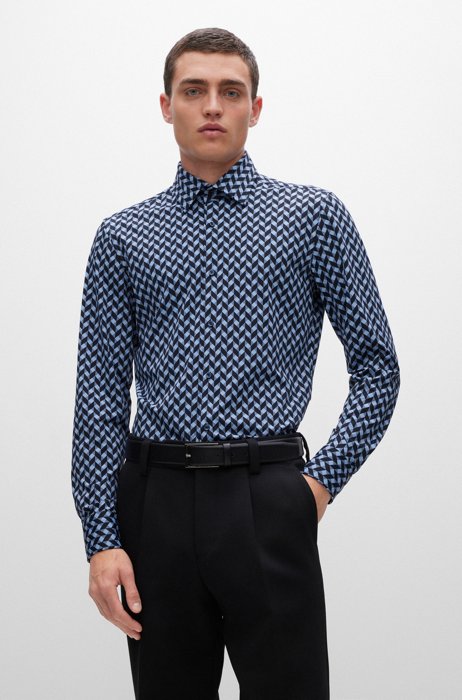 Slim-fit shirt in geometric-print performance-stretch jersey, Light Blue