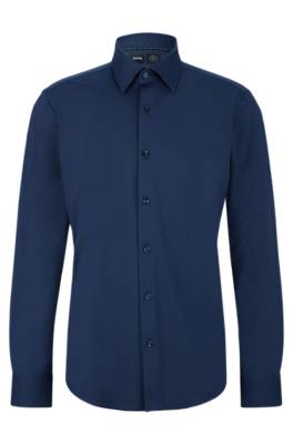 Hugo Boss Regular-fit Shirt In Micro-structured Performance-stretch Jersey In Blue