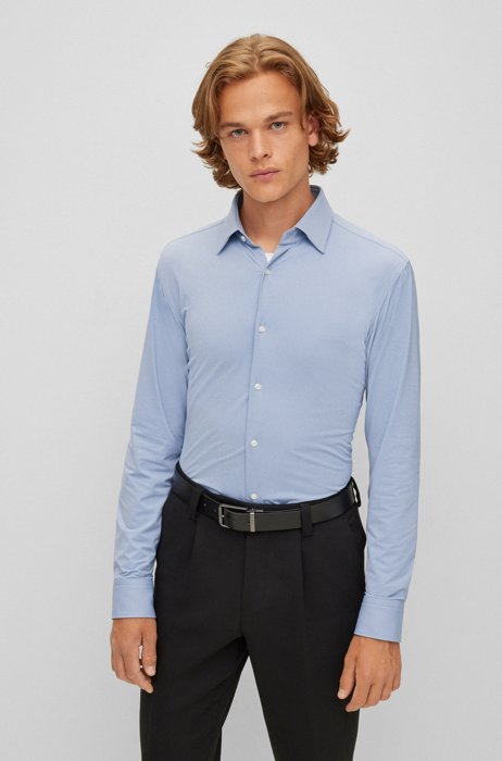 Regular-fit shirt in micro-structured performance-stretch jersey, Light Blue
