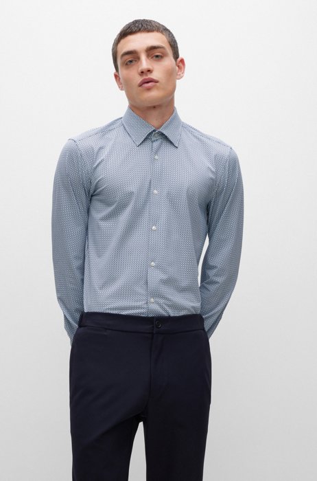 Slim-fit shirt in printed Italian performance-stretch jersey, Light Blue