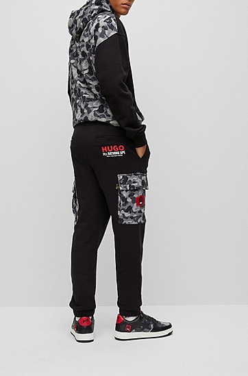 HUGO 雨果BAPE联名迷彩图案棉质平纹针织运动裤,  001_Black