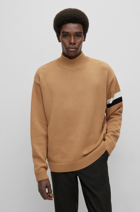 Relaxed-fit sweater in merino wool with signature stripe, Beige