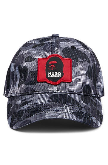 HUGO 雨果BAPE联名含迷彩图案和合作款品牌标识装饰的棉质府绸鸭舌帽,  001_Black