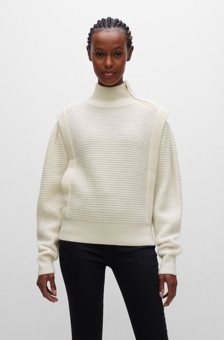 Zip-collar regular-fit sweater with rich structure, White