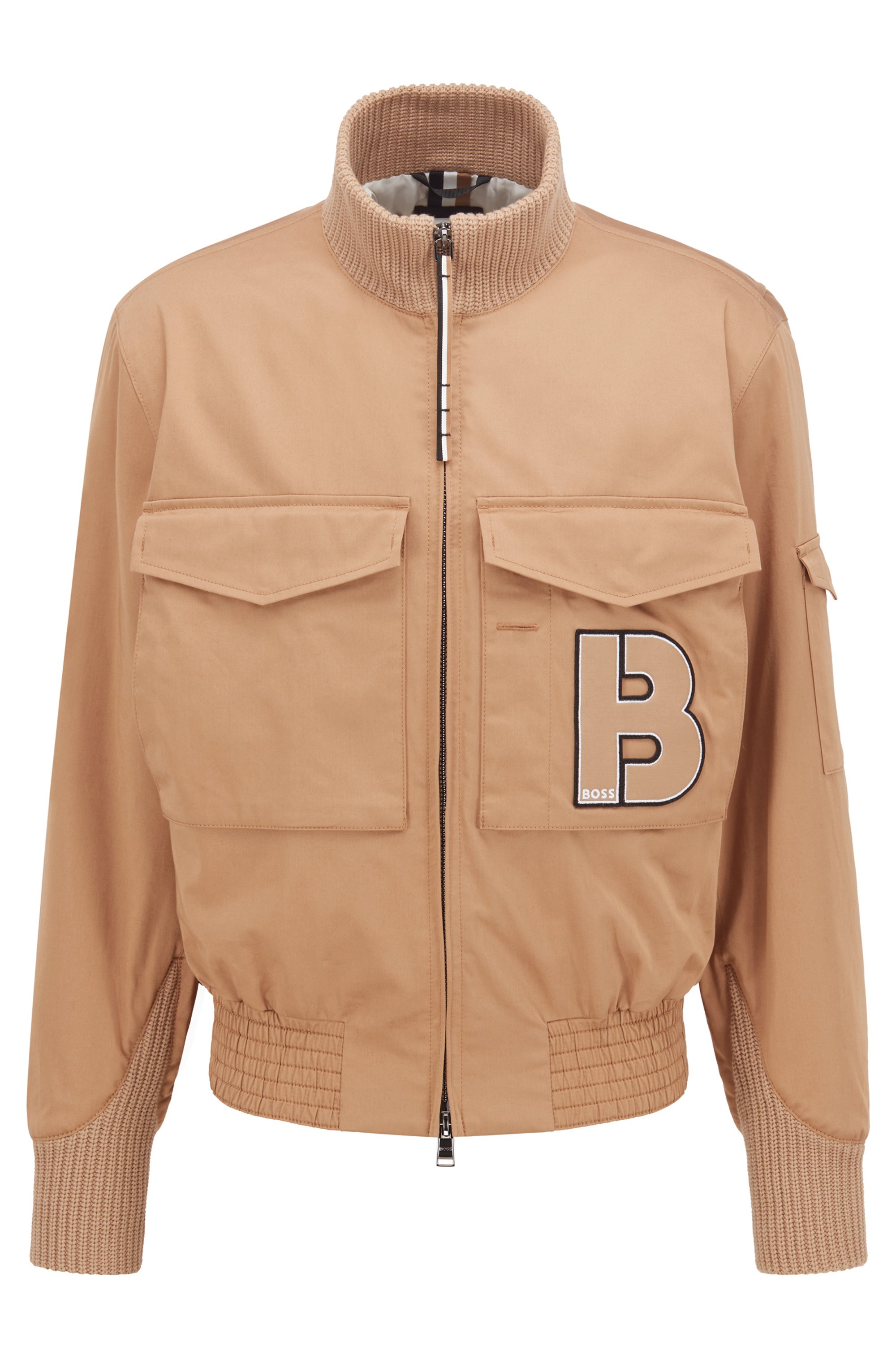 Relaxed-fit bomber jacket in satin with 'B' badge, Beige