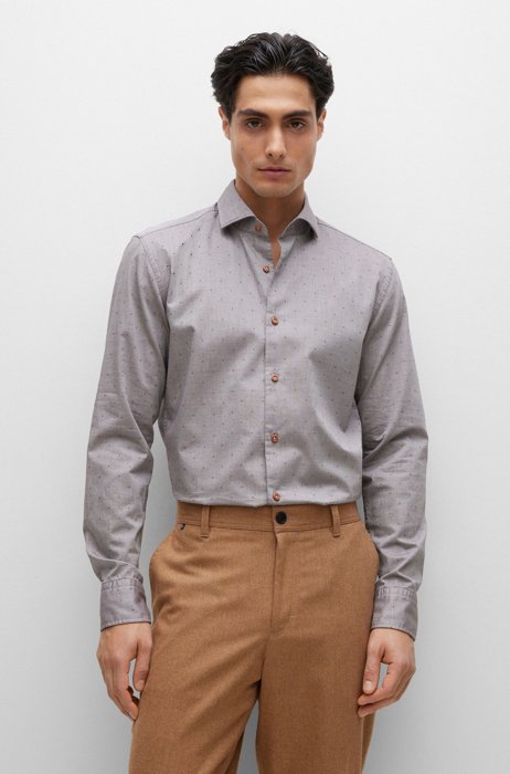 Casual-fit shirt in washed cotton fil-coupé, Brown