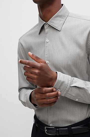 BOSS 博斯微结构弹力棉质修身衬衫,  031_Medium Grey