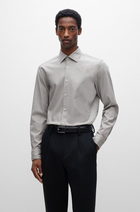 Slim-fit shirt in micro-structured stretch cotton, Grey