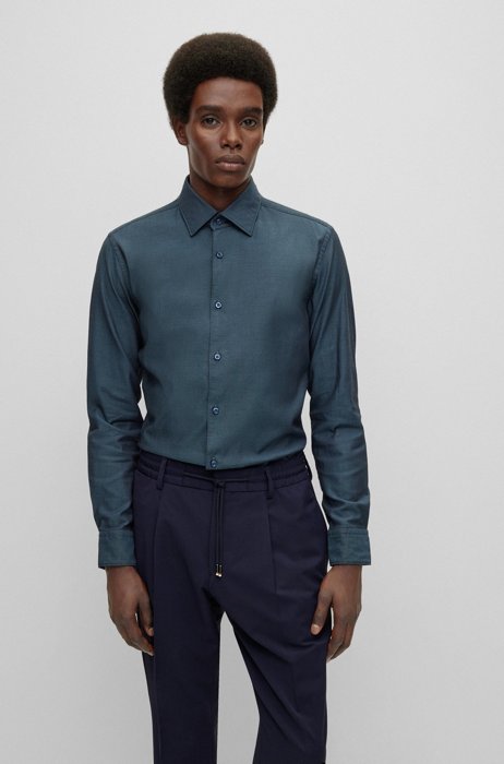 Casual-fit shirt in micro-structured stretch cotton, Blue