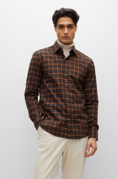 Slim-fit shirt in checked stretch cotton, Brown