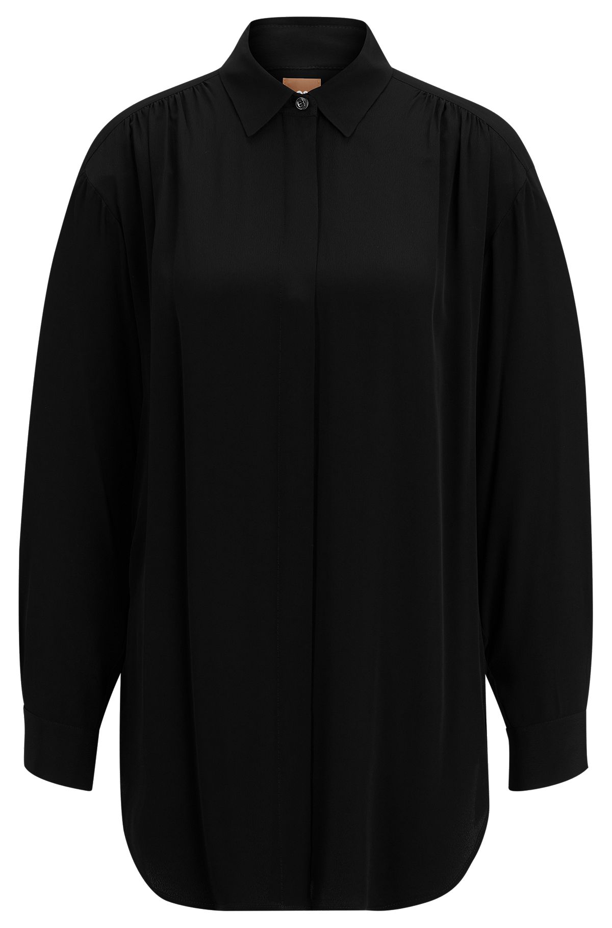 Long-length relaxed-fit blouse with concealed closure, Black